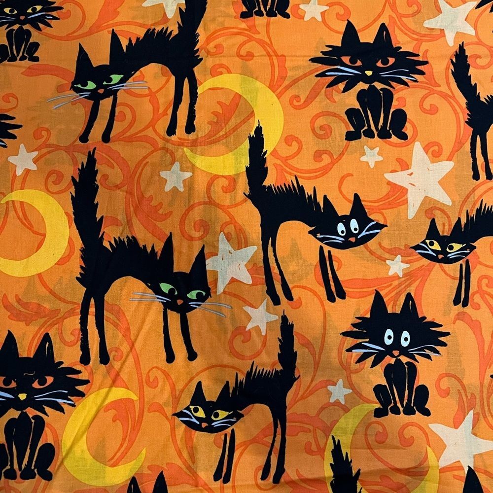 Halloween Black Scaredy Frightened Cat On Orange Fabric Cotton Cartoon 30" X 44"